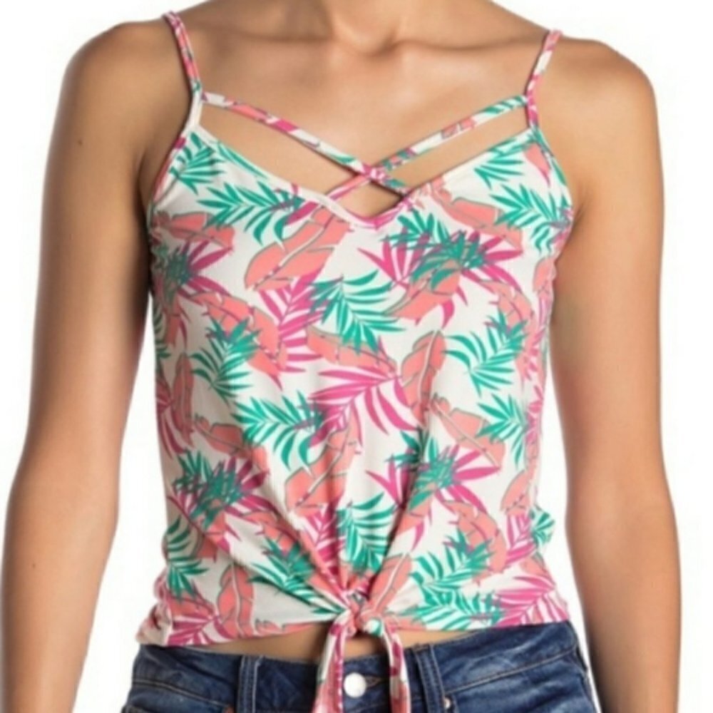 🌺 Poof Tropical Botanical Print Pink Strappy Knotted Tank Top NWT Size L